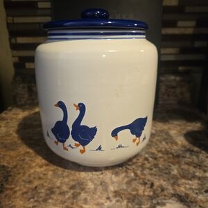 White Ceramic Jar with Blue Goose Design